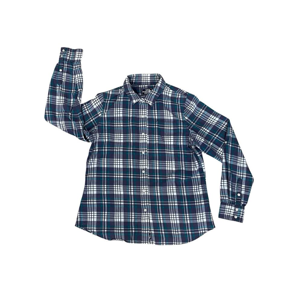 The North Face Button Up Shirt Womens Large Blue/Gray Plaid Shirt Outdoor Casual